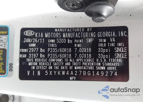 2011 Kia Sorento Sx V6 from USA, damaged, VIN 5XYKW4A27BG149274